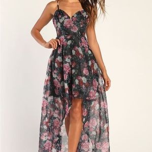 🌸 NWT Lulus Bustier Floral rose print Organza High-Low Maxi Dress